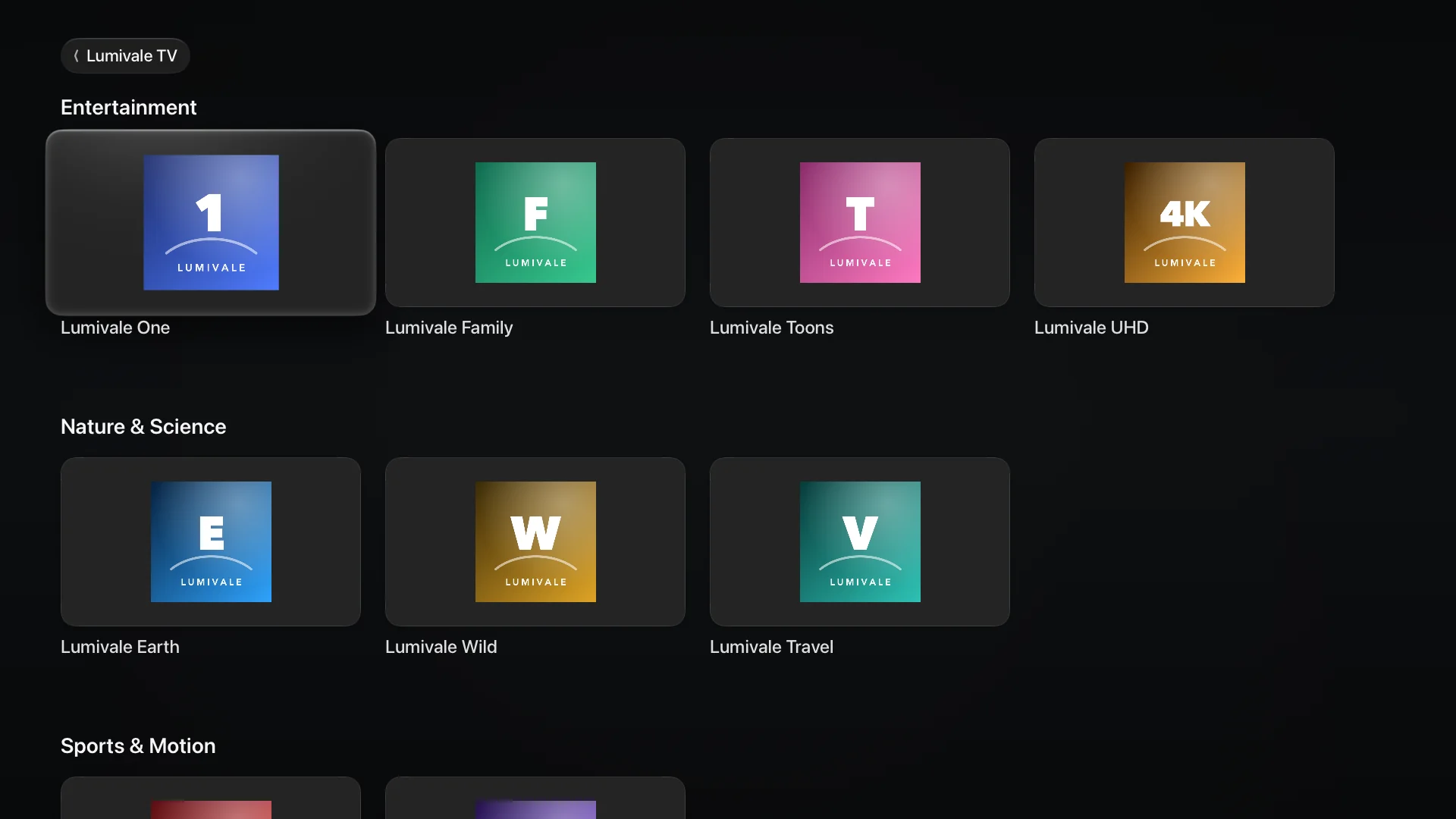 A channel list in Revue with three groups and a logo on each channel card