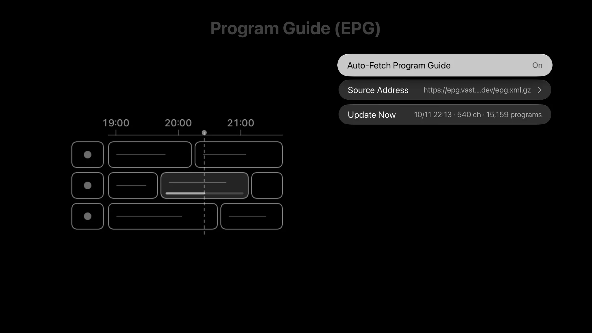 The Program Guide (EPG) page in Revue, with Auto-Fetch Program Guide, Source Address and Update Now