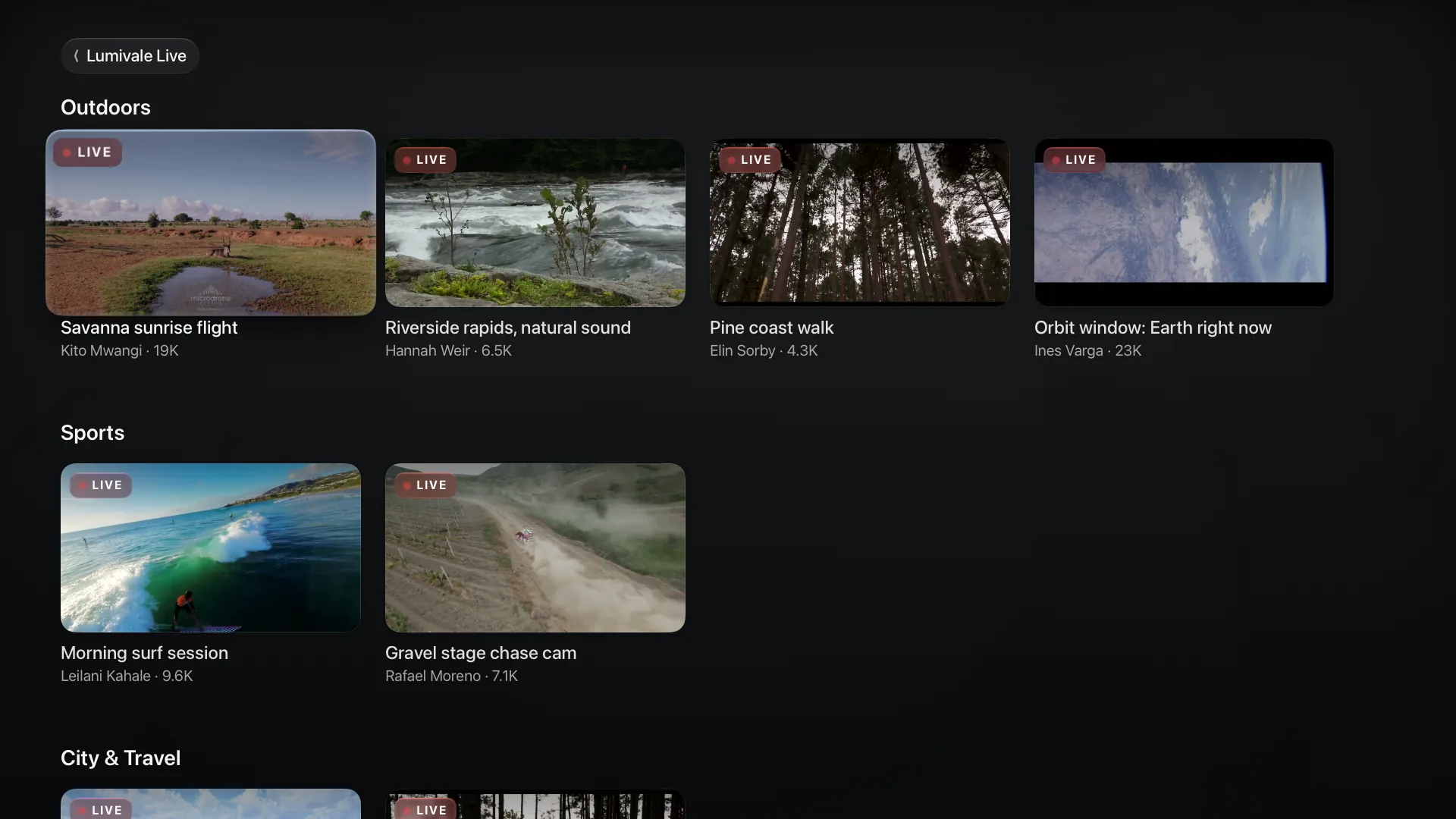 A source home page from your own server in Revue, with rooms in rows by section and a cover, title and viewer count on each card