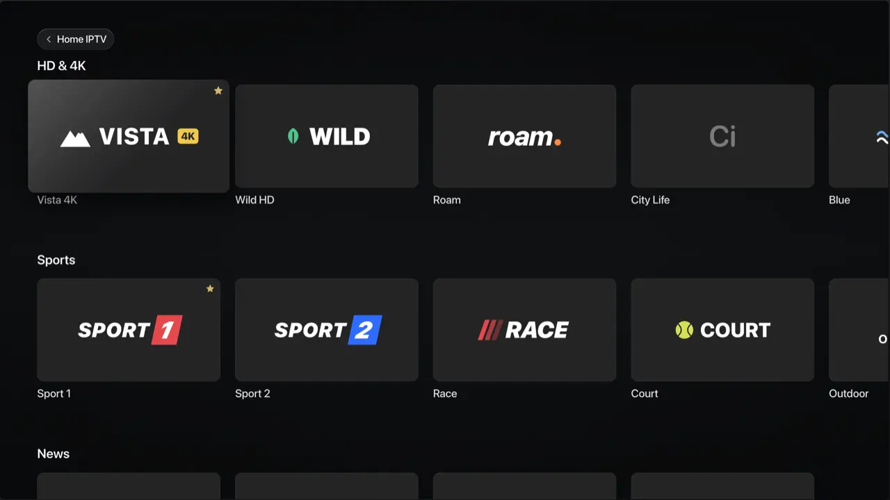Revue channel grid on Apple TV, with HD & 4K and Sports groups