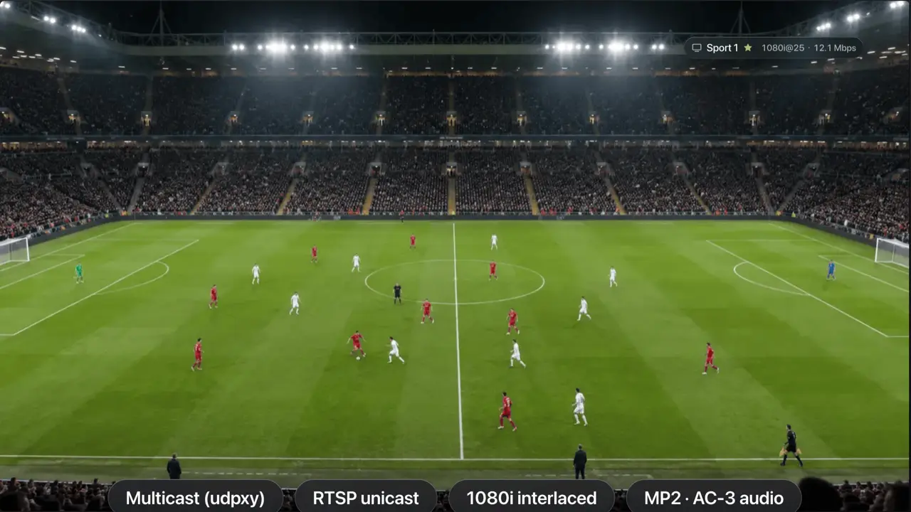 A carrier IPTV sports channel playing in Revue at 1080i@25