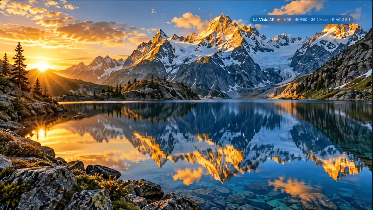 A 4K HDR channel playing in Revue, with the info overlay showing HDR, 4K@50 and E-AC-3 5.1