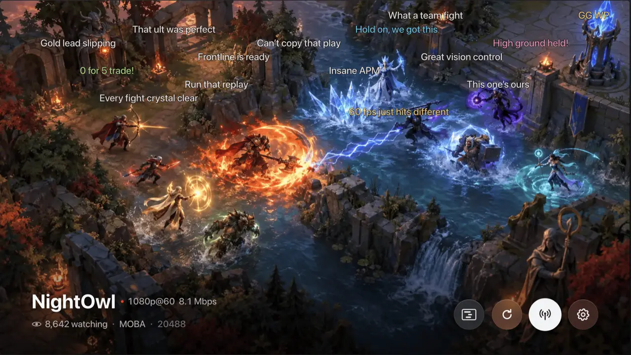 A live stream room in Revue at 1080p@60, with live comments on screen